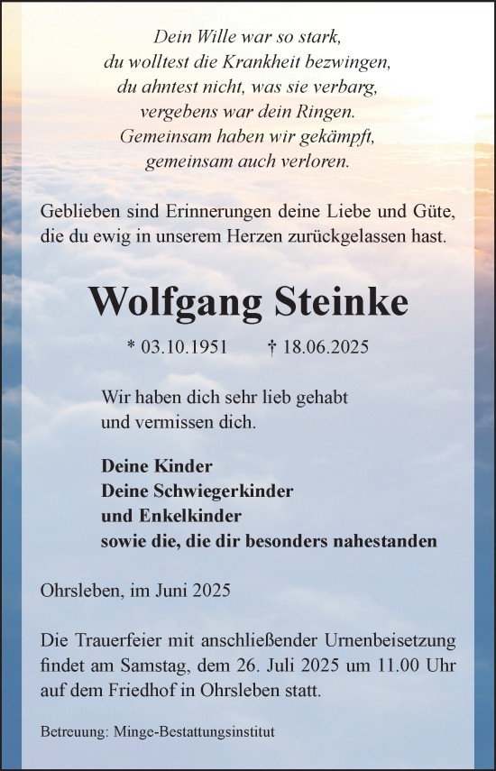 Traueranzeige von Wolfgang Steinke von Volksstimme Oschersleben/Wanzleben