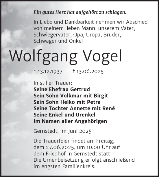 Traueranzeige von Wolfgang Vogel von Super Sonntag Naumburg/Nebra