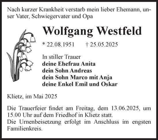 Traueranzeige von Wolfgang Westfeld von Volksstimme Altmark Ost