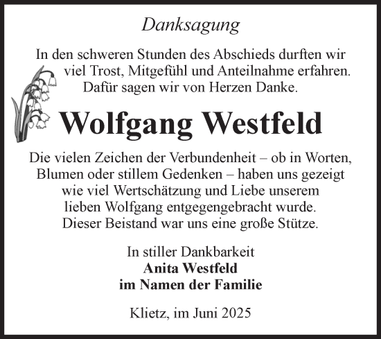 Traueranzeige von Wolfgang Westfeld von Volksstimme Altmark Ost