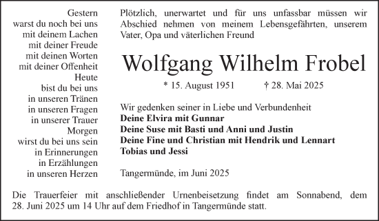 Traueranzeige von Wolfgang Wilhelm Frobel von Volksstimme Altmark Ost