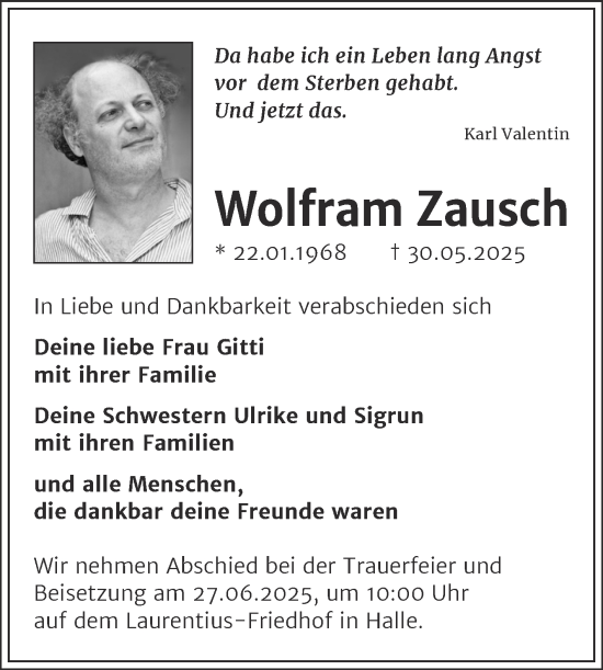 Traueranzeige von Wolfram Zausch von Mitteldeutsche Zeitung Halle/Saalkreis