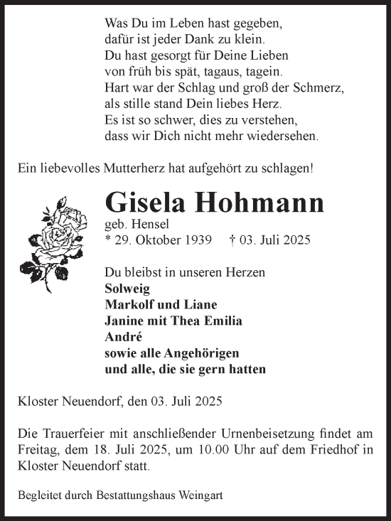 Traueranzeige von Gisela Hohmann von Volksstimme Altmark West