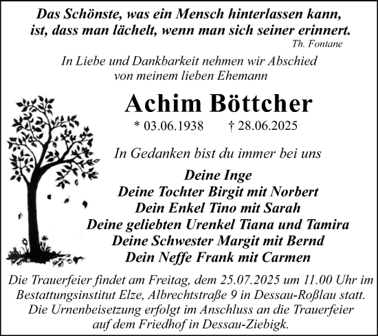 Traueranzeige von Achim Böttcher von Trauerkombi Dessau