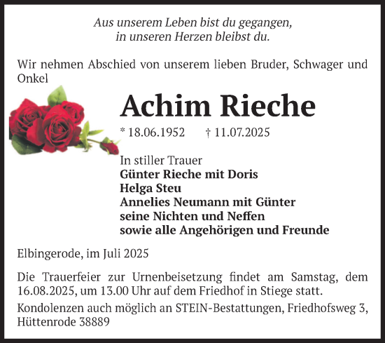 Traueranzeige von Achim Rieche von Volksstimme Wernigerode