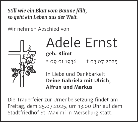 Traueranzeige von Adele Ernst von Trauerkombi Merseburg