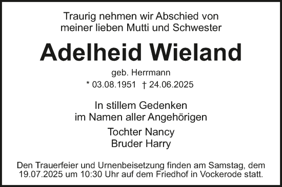 Traueranzeige von Adelheid Wieland von Trauerkombi Wittenberg