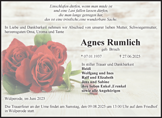 Traueranzeige von Agnes Rumlich von Volksstimme Halberstadt