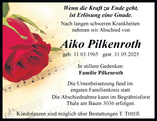Traueranzeige von Aiko Pilkenroth von Trauerkombi Quedlinburg