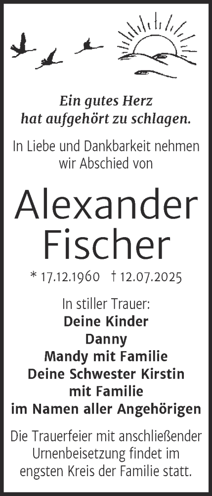 Traueranzeige von Alexander Fischer von Mitteldeutsche Zeitung Halle/Saalkreis