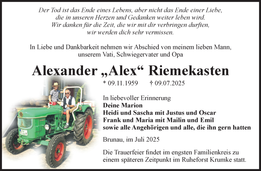  Traueranzeige für Alexander Riemekasten vom 19.07.2025 aus Volksstimme Altmark West