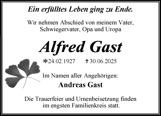 Traueranzeige von Alfred Gast 