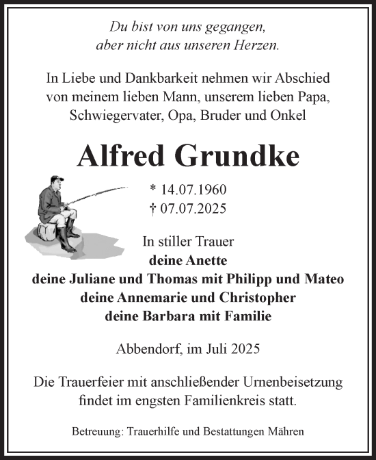 Traueranzeige von Alfred Grundke von Volksstimme Altmark West