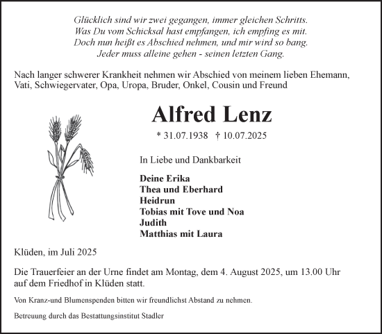 Traueranzeige von Alfred Lenz von Volksstimme Haldensleben/Wolmirstedt