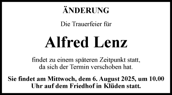 Traueranzeige von Alfred Lenz von Volksstimme Haldensleben/Wolmirstedt