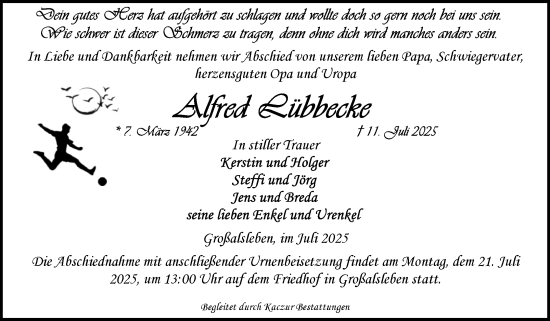 Traueranzeige von Alfred Lübbecke von Volksstimme Oschersleben/Wanzleben