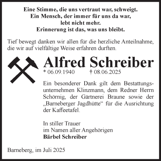 Traueranzeige von Alfred Schreiber von Volksstimme Oschersleben/Wanzleben