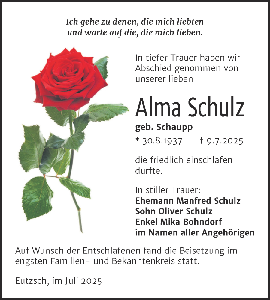 Traueranzeige für Alma Schulz vom 19.07.2025 aus Trauerkombi Wittenberg