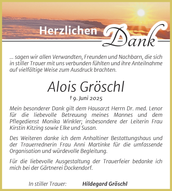 Traueranzeige von Alois Gröschl von Trauerkombi Dessau