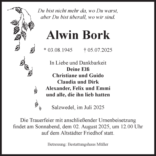 Traueranzeige von Alwin Bork von Volksstimme Altmark West