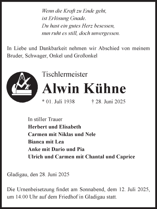 Traueranzeige von Alwin Kühne von Volksstimme Altmark Ost