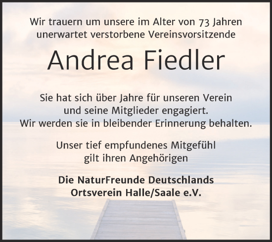 Traueranzeige von Andrea Fiedler von Mitteldeutsche Zeitung Halle/Saalkreis