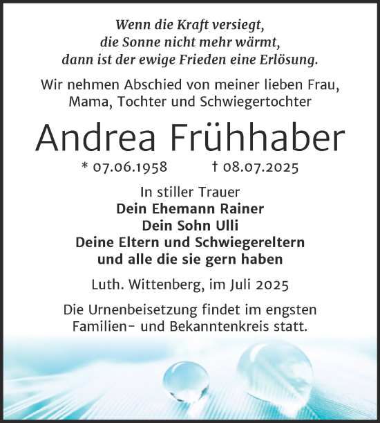 Traueranzeige von Andrea Frühhaber von Trauerkombi Wittenberg