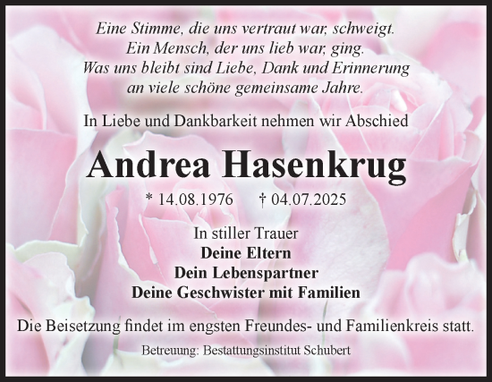 Traueranzeige von Andrea Hasenkrug von Volksstimme Magdeburg