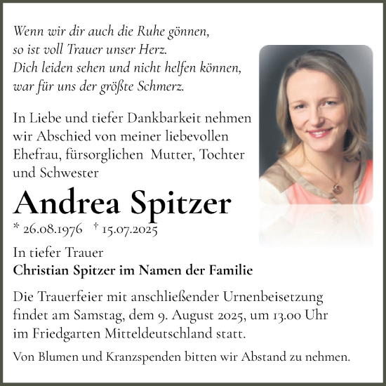 Traueranzeige von Andrea Spitzer von Mitteldeutsche Zeitung Halle/Saalkreis