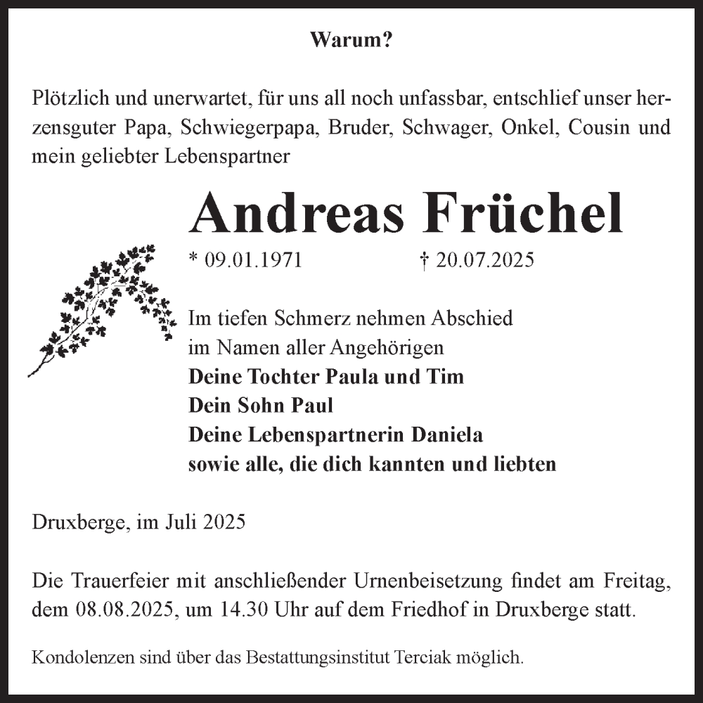  Traueranzeige für Andreas Früchel vom 26.07.2025 aus Volksstimme Oschersleben/Wanzleben