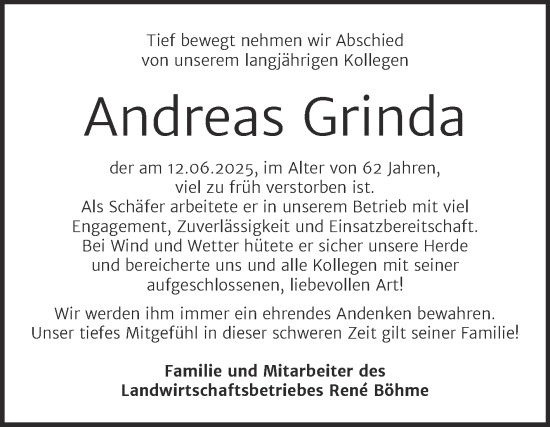 Traueranzeige von Andreas Grinda von Super Sonntag Sangerhausen