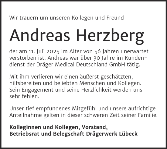 Traueranzeige von Andreas Herzberg von Mitteldeutsche Zeitung Halle/Saalkreis