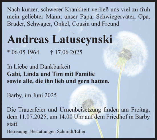 Traueranzeige von Andreas Latuscynski von Volksstimme Schönebeck