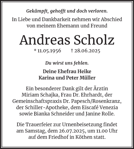 Traueranzeige von Andreas Scholz von Trauerkombi Köthen