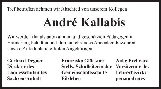 Traueranzeige von André Kallabis von Volksstimme Oschersleben/Wanzleben
