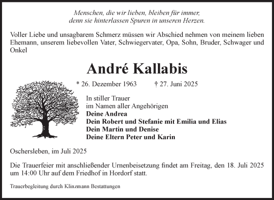Traueranzeige von André Kallabis von Volksstimme Oschersleben/Wanzleben