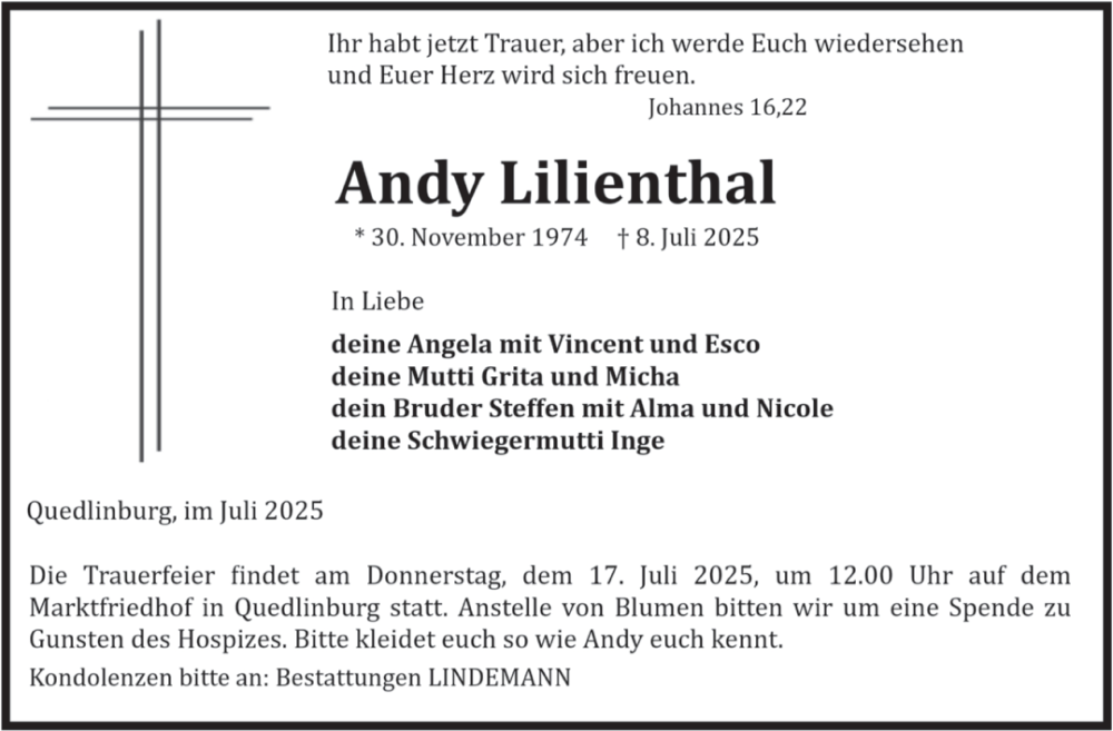  Traueranzeige für Andy Lilienthal vom 12.07.2025 aus Mitteldeutsche Zeitung Quedlingburg