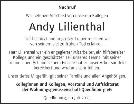 Traueranzeige von Andy Lilienthal von Mitteldeutsche Zeitung Quedlingburg