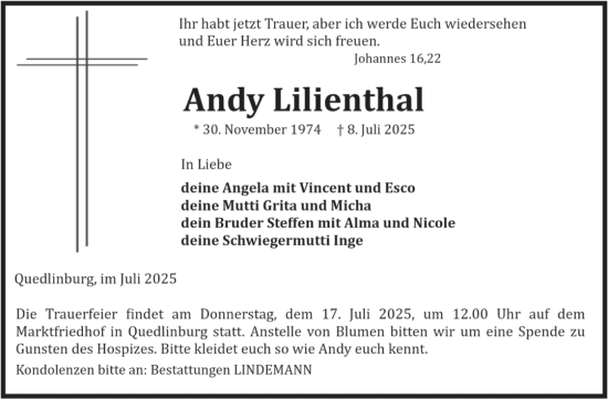 Traueranzeige von Andy Lilienthal von Mitteldeutsche Zeitung Quedlingburg