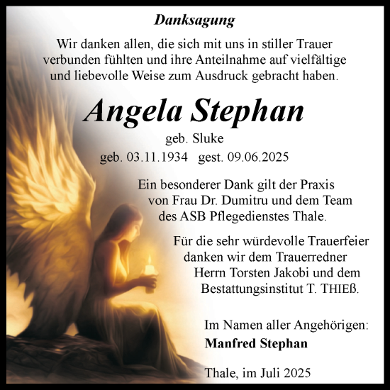 Traueranzeige von Angela Stephan von Trauerkombi Quedlinburg