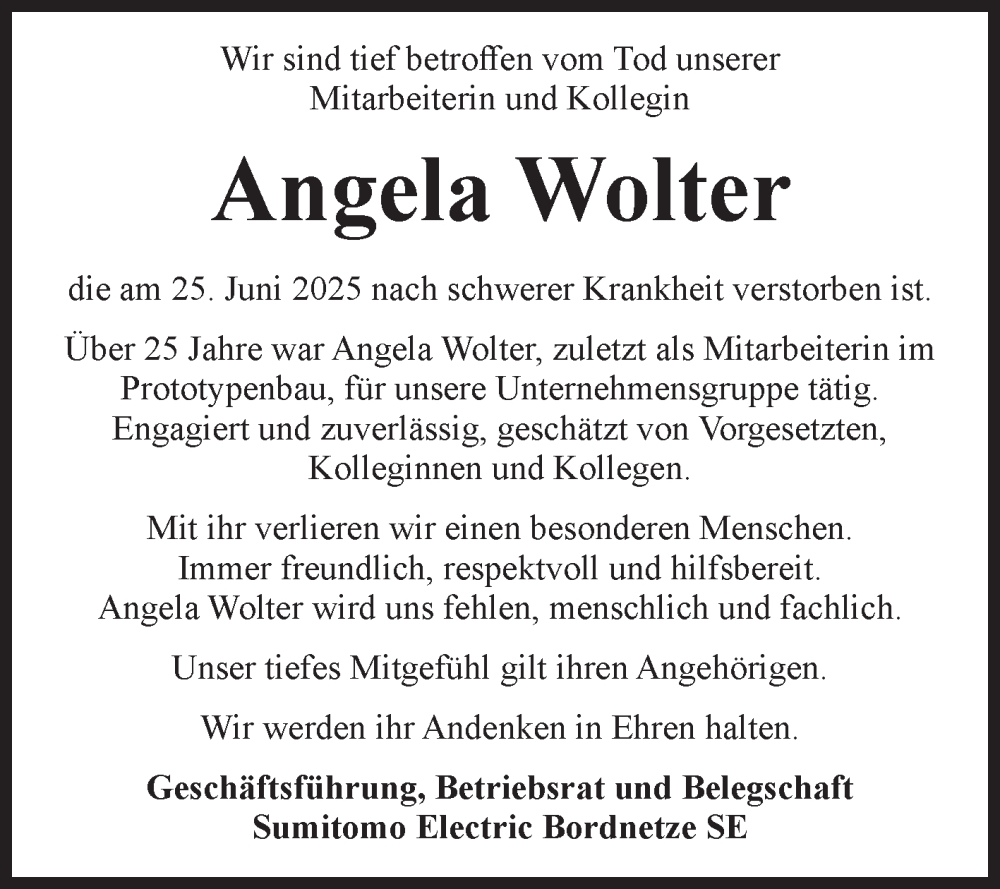  Traueranzeige für Angela Wolter vom 12.07.2025 aus Volksstimme Altmark West