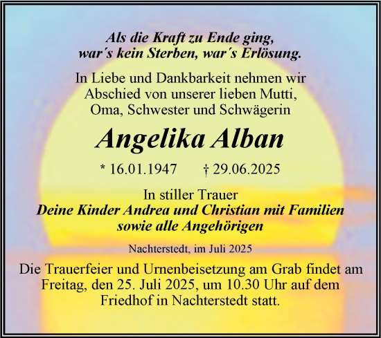 Traueranzeige von Angelika Alban von Trauerkombi Aschersleben