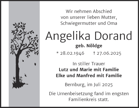 Traueranzeige von Angelika Dorand von Trauerkombi Bernburg