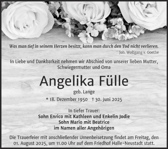 Traueranzeige von Angelika Fülle von Mitteldeutsche Zeitung Halle/Saalkreis
