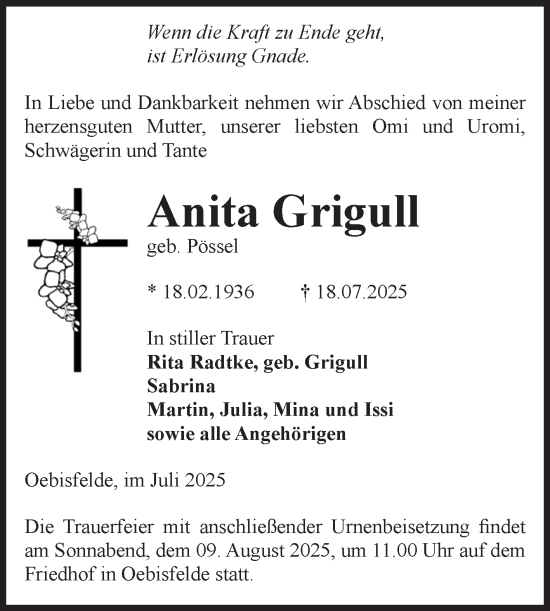 Traueranzeige von Anita Grigull von Volksstimme Altmark West
