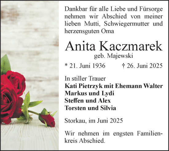 Traueranzeige von Anita Kaczmarek von Volksstimme Altmark Ost