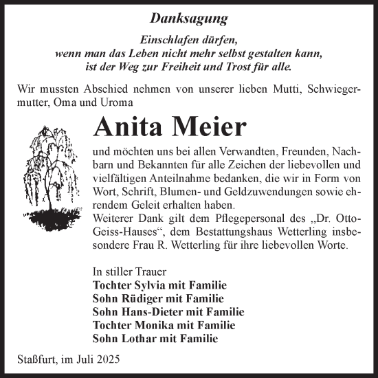 Traueranzeige von Anita Meier von Volksstimme Staßfurt
