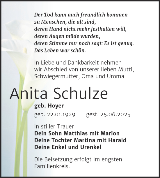 Traueranzeige von Anita Schulze von Trauerkombi Wittenberg