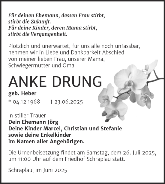 Traueranzeige von Anke Drung von Trauerkombi Merseburg