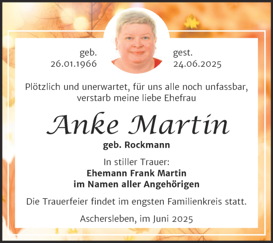 Traueranzeige von Anke Martin von Trauerkombi Aschersleben